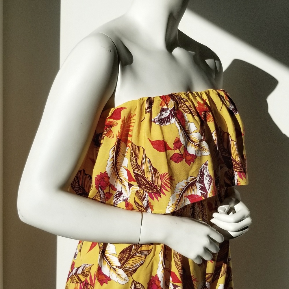 Off The Shoulder Flowy Yellow Tropical Romper
